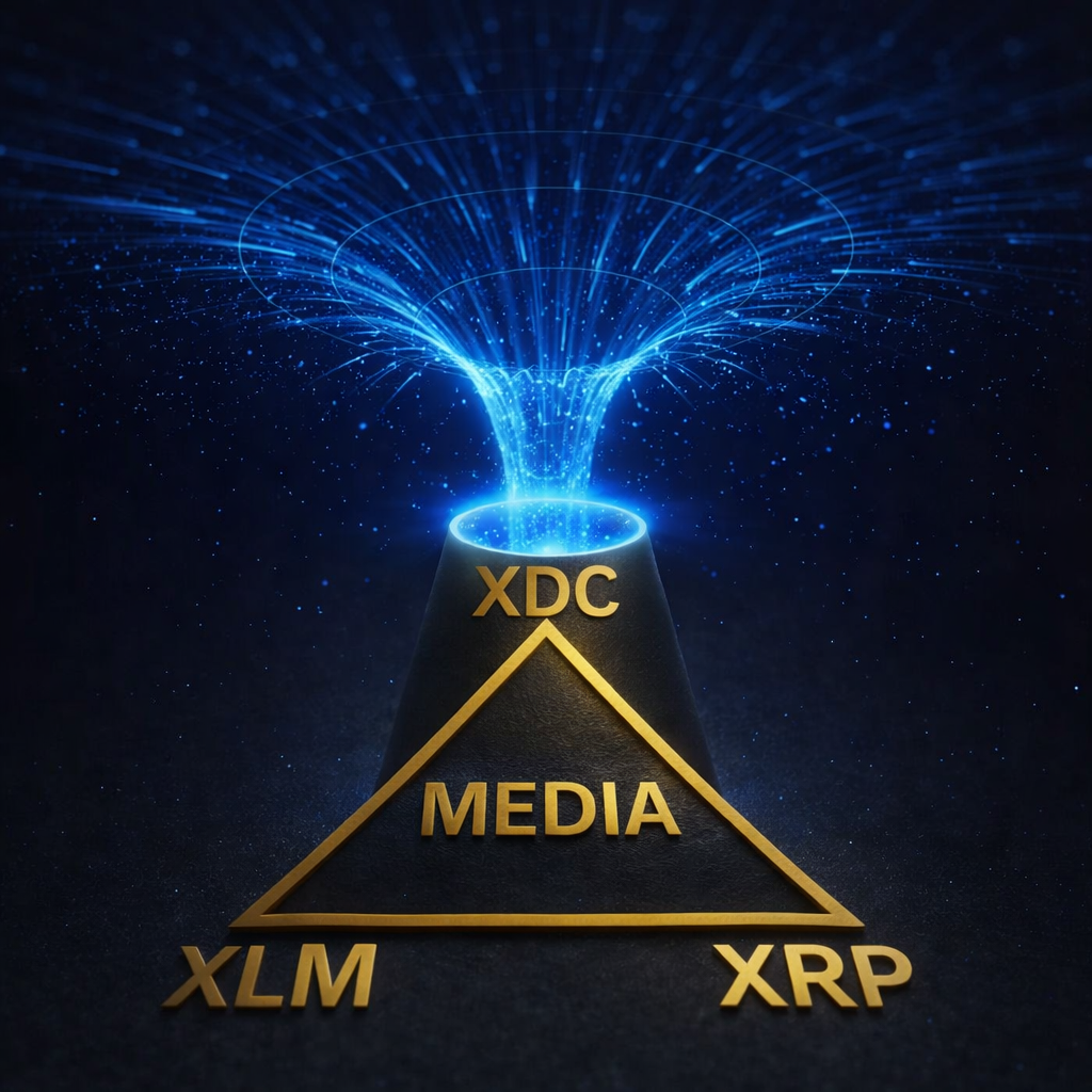 Blue-lit black hole portal teleporting through the token economy, leading into XDC with XDC at the top, gold XLM at the lower edge, and XRP centered as the media layer.