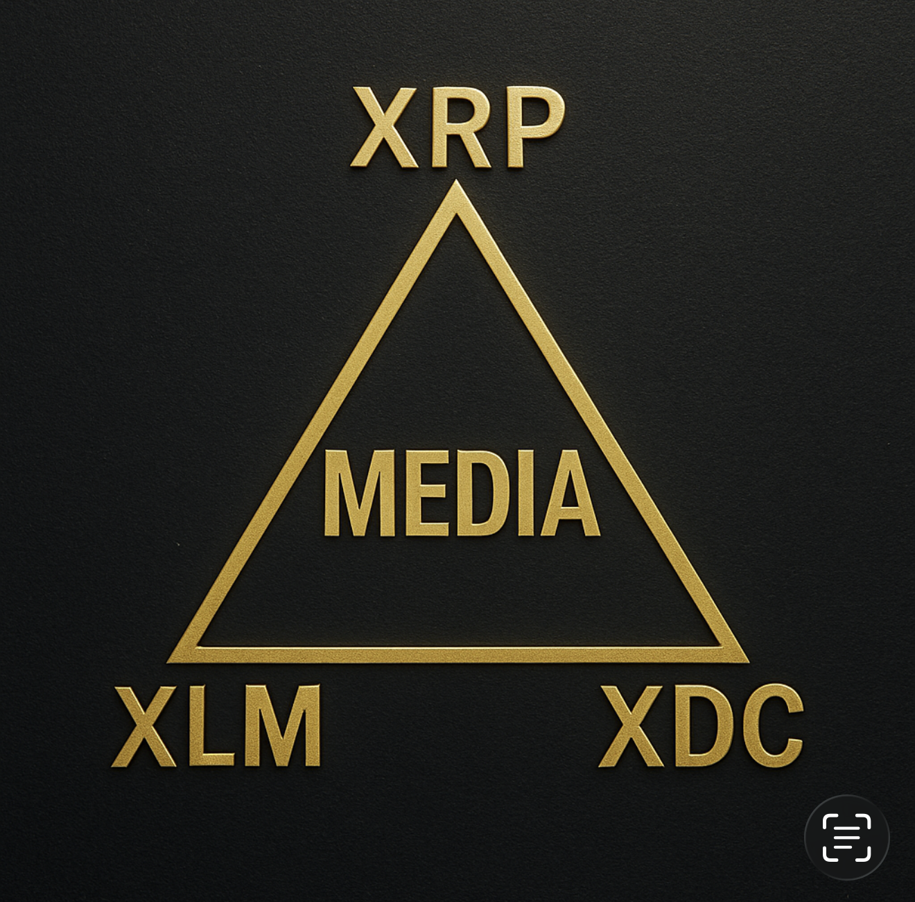 Gold triangle token asset logo with XRP, XLM, XTC, and central gold media symbol